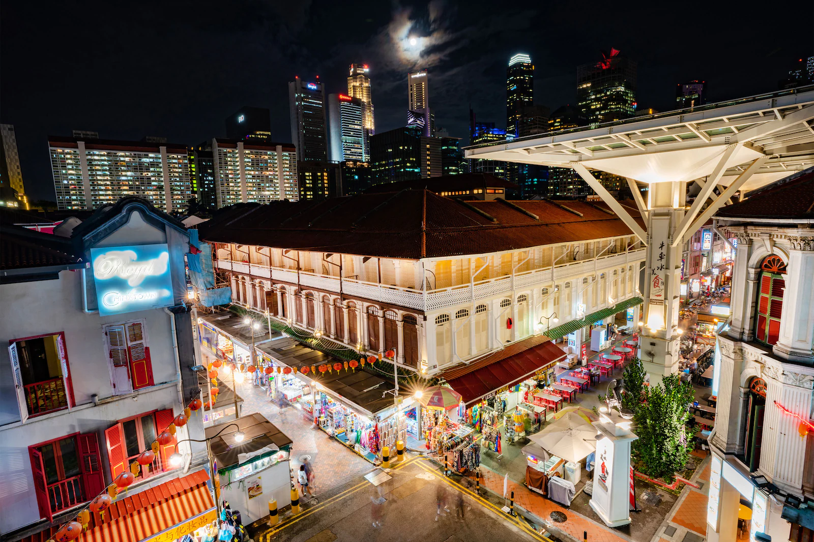 Aerial view of Chinatown building with busy streets