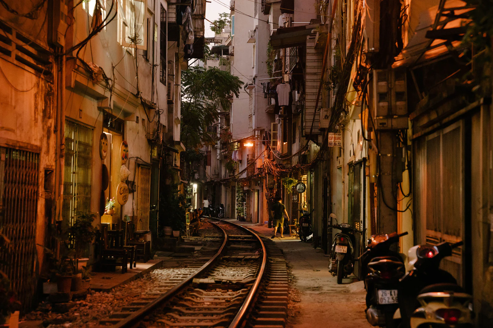 Railway tracks inbetween shops